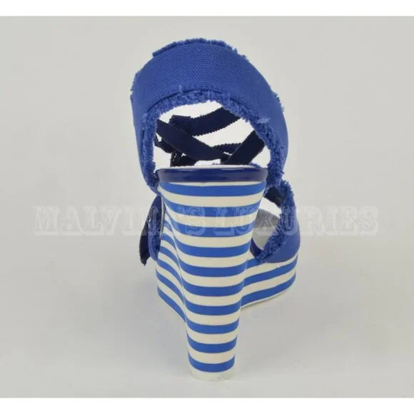 PRADA SPORT SHOES STRIPED WEDGE BLUE CANVAS ANKLE WRAP SANDALS sz 40 / 10 - Picture 9 of 13